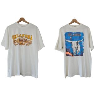 Bundle Of 2 Vintage Single Stitch Oklahoma White Short Sleeve Tee Shirts